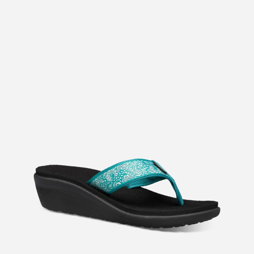 Teva Voya Wedge - Women's Teva Wedge Sandals - Turquoise Blue / Deep Balck | India (MUDP18945)